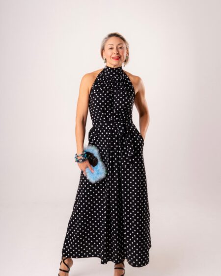 Abito Lungo a Pois Nero e Bianco con Scollo Americano e Fiocco al Collo - Chic & Retrò