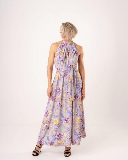 Abito Lungo Halter a Fiori Lilla e Giallo