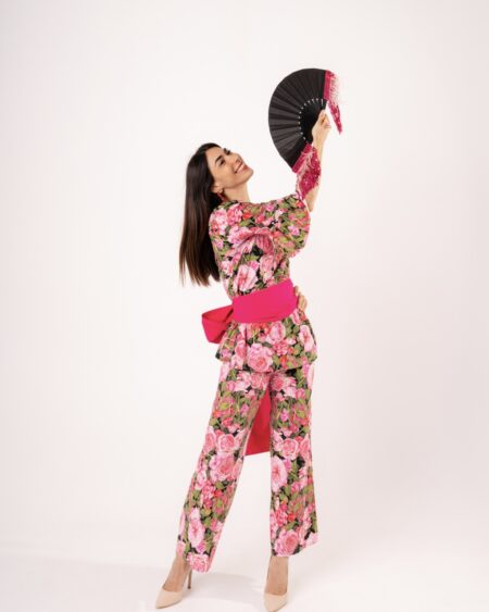 Completo Pantalone e Casacca Floreale con Fusciacca a Fiocco Fucsia