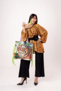 Tote Bag Tigre Jacquard con Frange Fluo