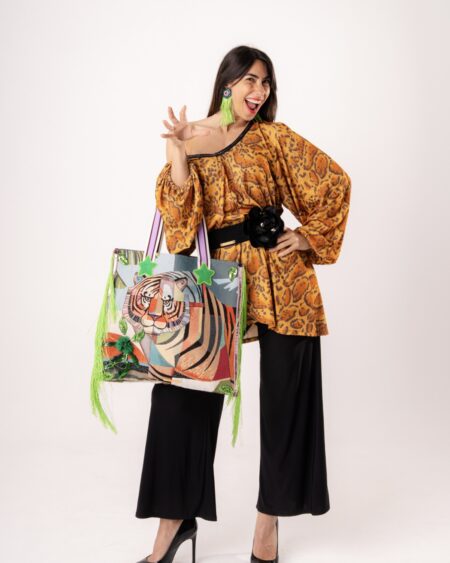 Tote Bag Tigre Jacquard con Frange Fluo
