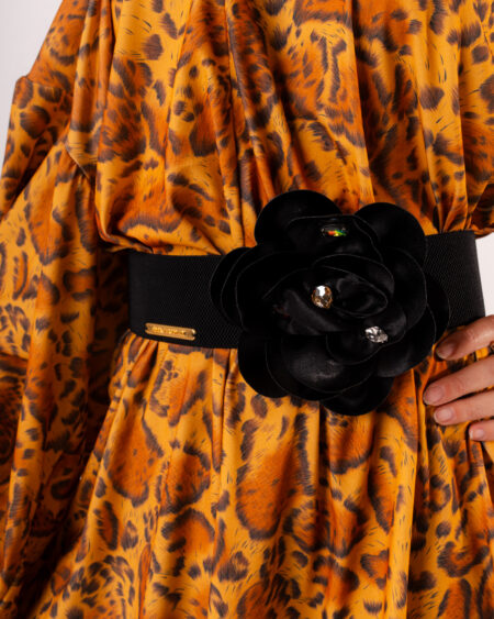 Cintura Alta Elastica Nera con Maxi Fiore in Raso e Cristalli