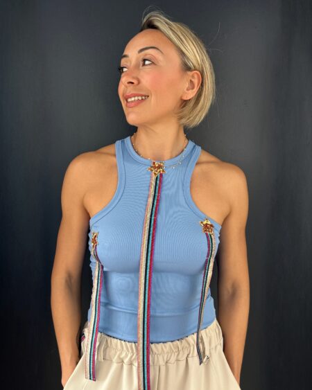 Canotta Racer Celeste con Dettagli Star & Rainbow Lurex