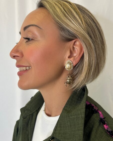 Orecchini a Clip Vintage Gold con Scarabeo Portafortuna e Cristallo Goccia Amber