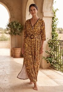 Caftano Lungo Animalier in Lycra con Cintura