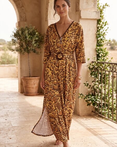 Caftano Lungo Animalier in Lycra con Cintura