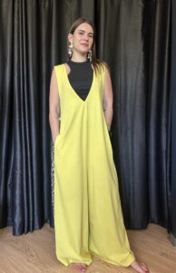 Tuta Jumpsuit Over Giallo Lime con Dettagli Animalier Leopardati