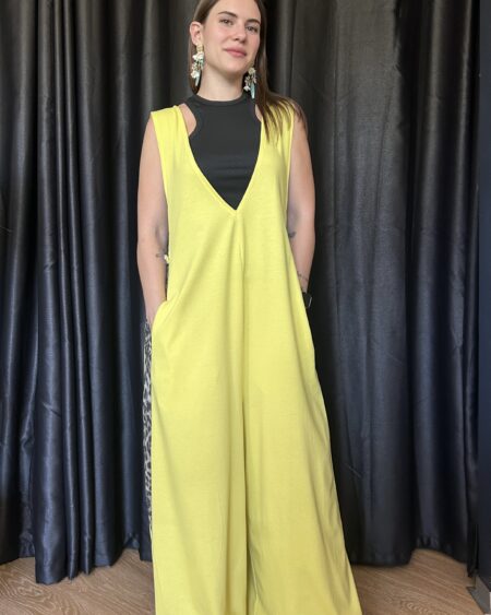 Tuta Jumpsuit Over Giallo Lime con Dettagli Animalier Leopardati