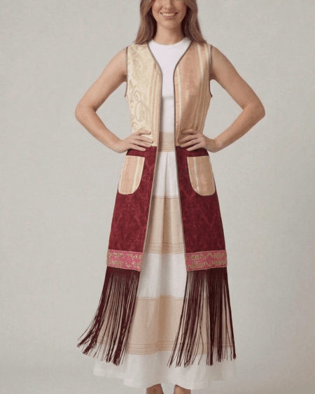 Gilet lungo da donna con frange e stampa damascata
