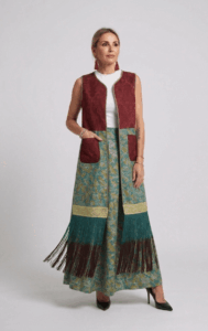 Gilet Lungo con Frange in Jacquard Multicolore