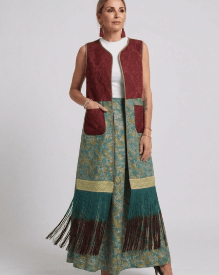 Gilet Lungo con Frange in Jacquard Multicolore