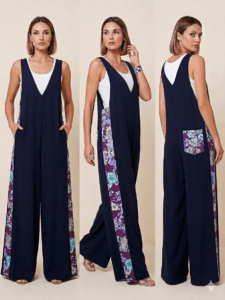 Tuta Intera Blu Notte Elegante e Comoda con Dettagli Floreali – Modello Drop-Crotch