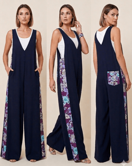 Tuta Intera Blu Notte Elegante e Comoda con Dettagli Floreali – Modello Drop-Crotch