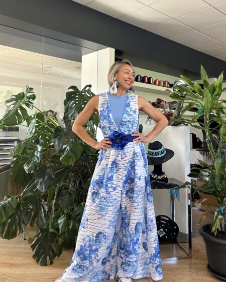 Tuta Lunga Elegante a Fiori Blu e Bianchi
